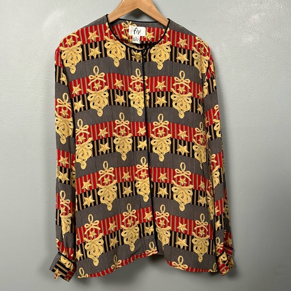 Vintage Fiji Silk Gold Red Navy Long Sleeve Button Down Shirt size XL mandarin - Picture 5 of 16